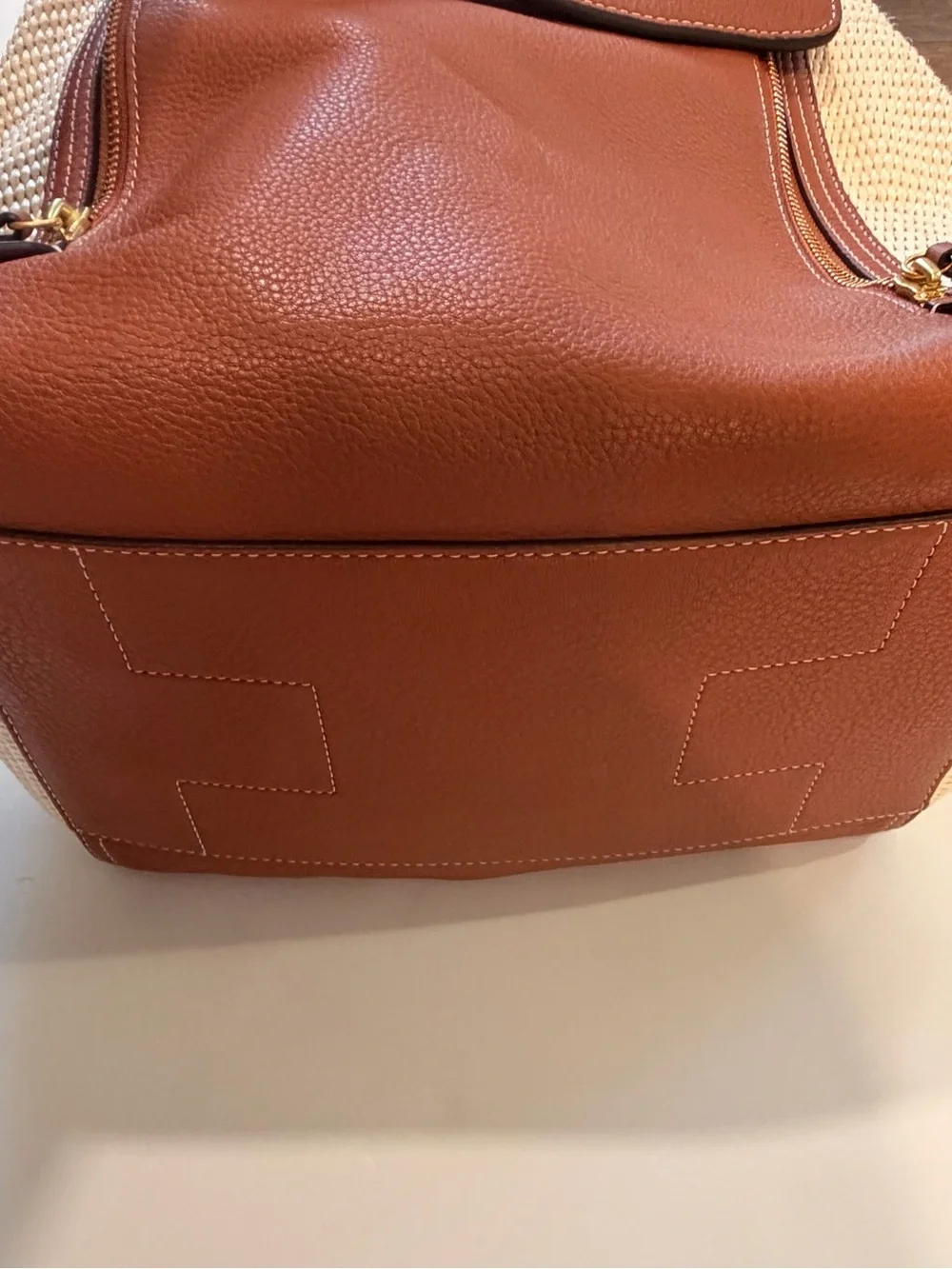 Tory Burch Half-Moon Straw & Leather Coastal Satchel Tote Bag - Tan/Cream